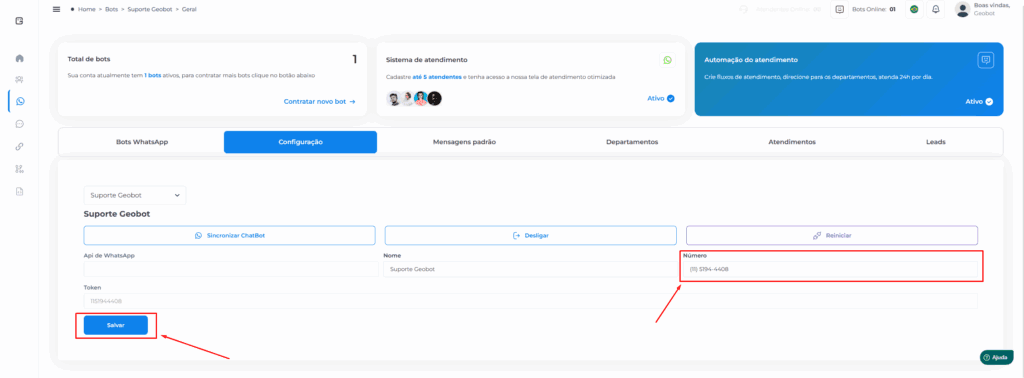 Terceiro passo como alterar o número do Bot