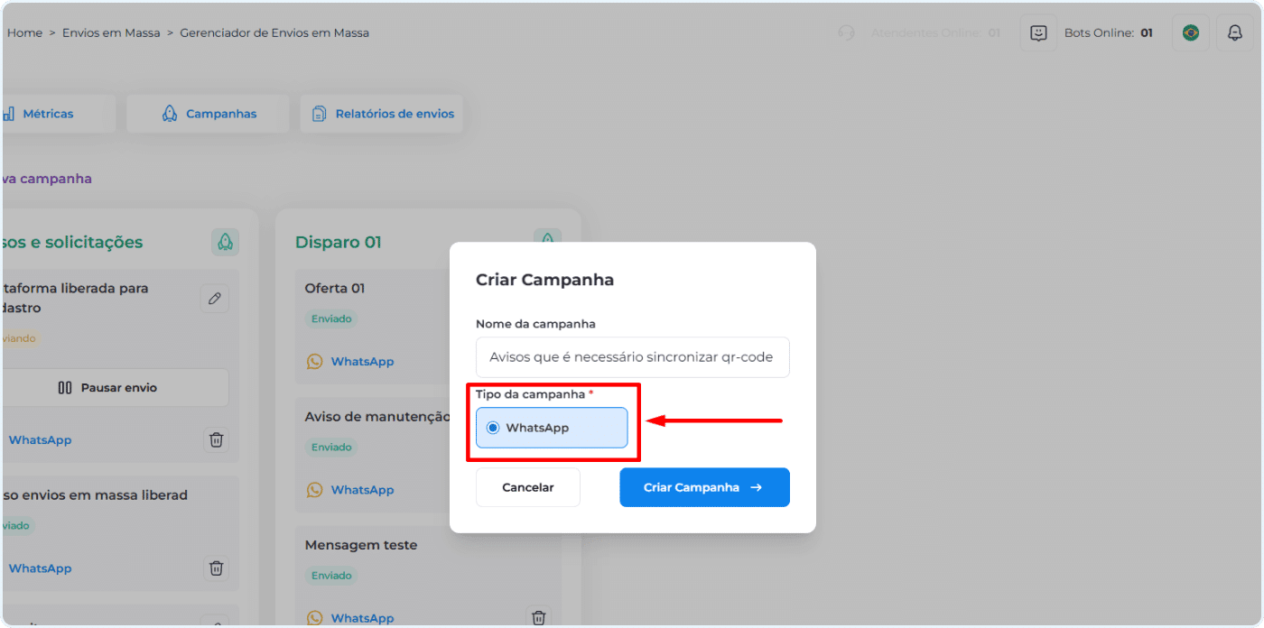 Escolha o tip de envios em massa WhatsApp