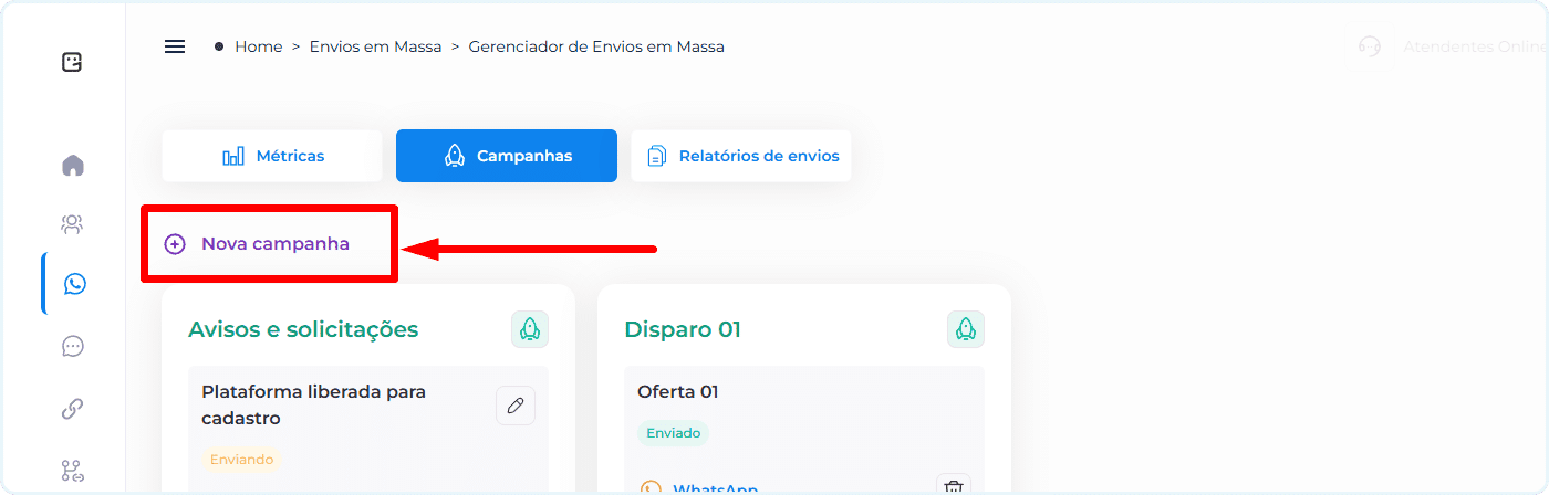 Acessar pagina criar campanha de envios em massa na Geobot