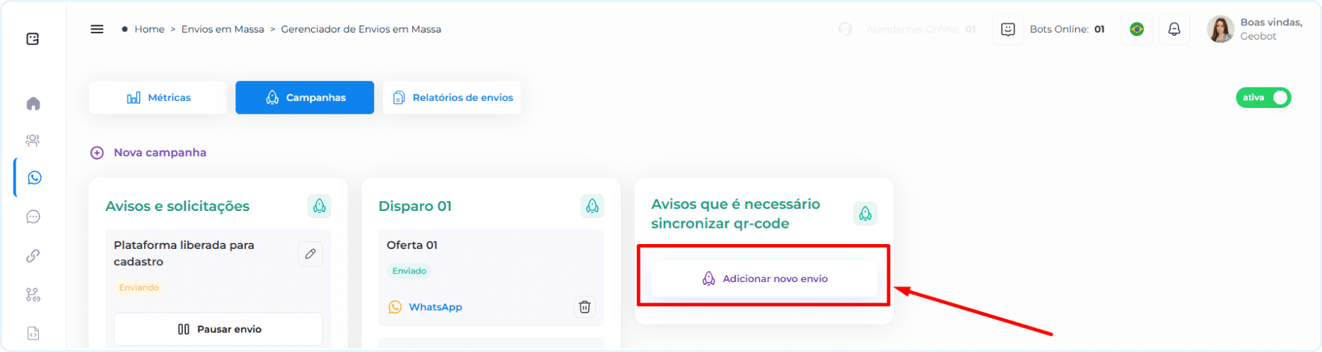 Clique em adicionar novo envio em massa WhatsApp