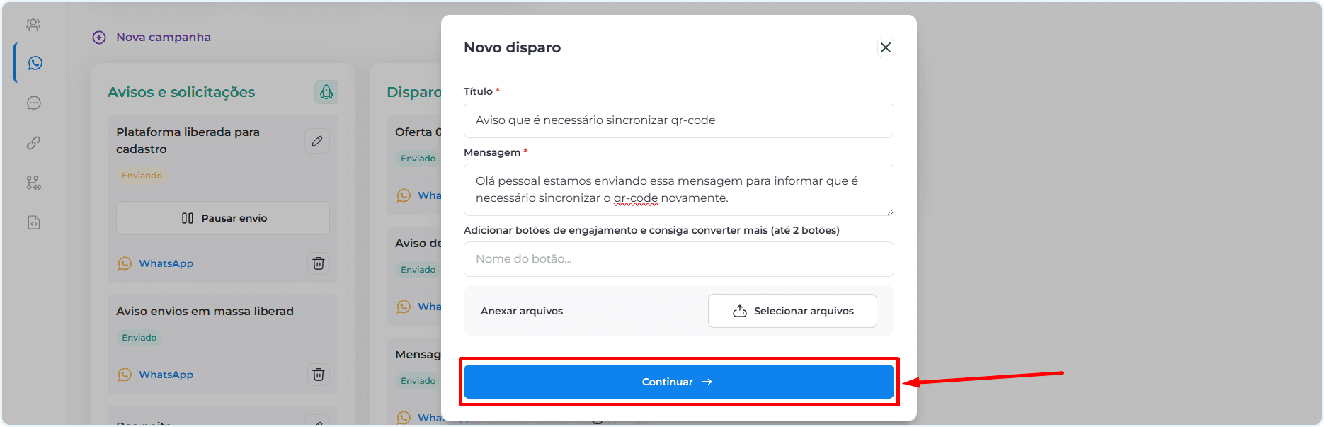 Preencha com as informações da mensagem e clique em continuar